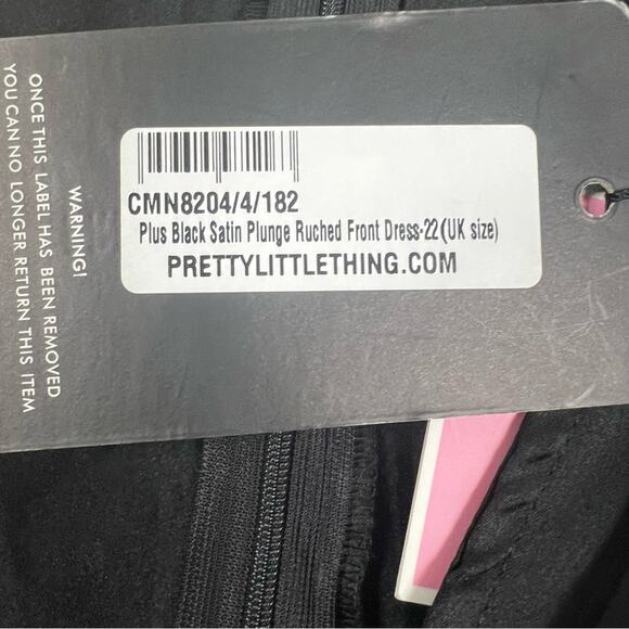NWT PrettyLittleThing Mini Dress Womens 18 Black Satin Plunge Ruched Cocktail - Picture 6 of 6